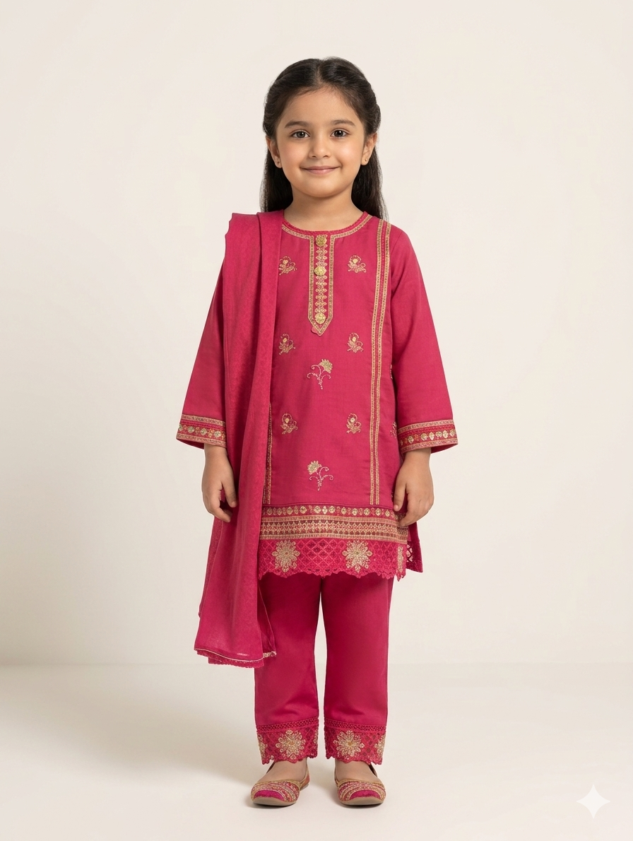 Girls Embroidered 3-Piece Festive Suit – Traditional Kurta, Trouser, and Dupatta Set