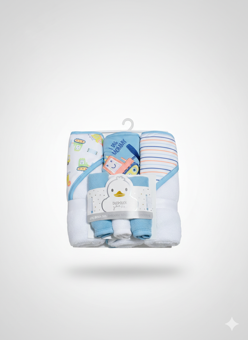 Duck Duck Goose Baby Boy 6-Piece Bath Set | 3 Hooded Towels 3 Washcloths | Dig Mommy