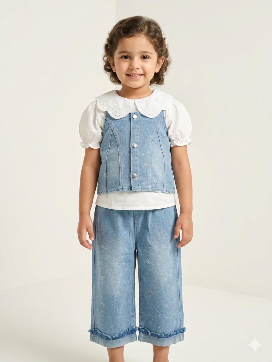 Girls' Stylish Denim Two-Piece Set with Peter Pan Collar Blouse and Wide-Leg Pants