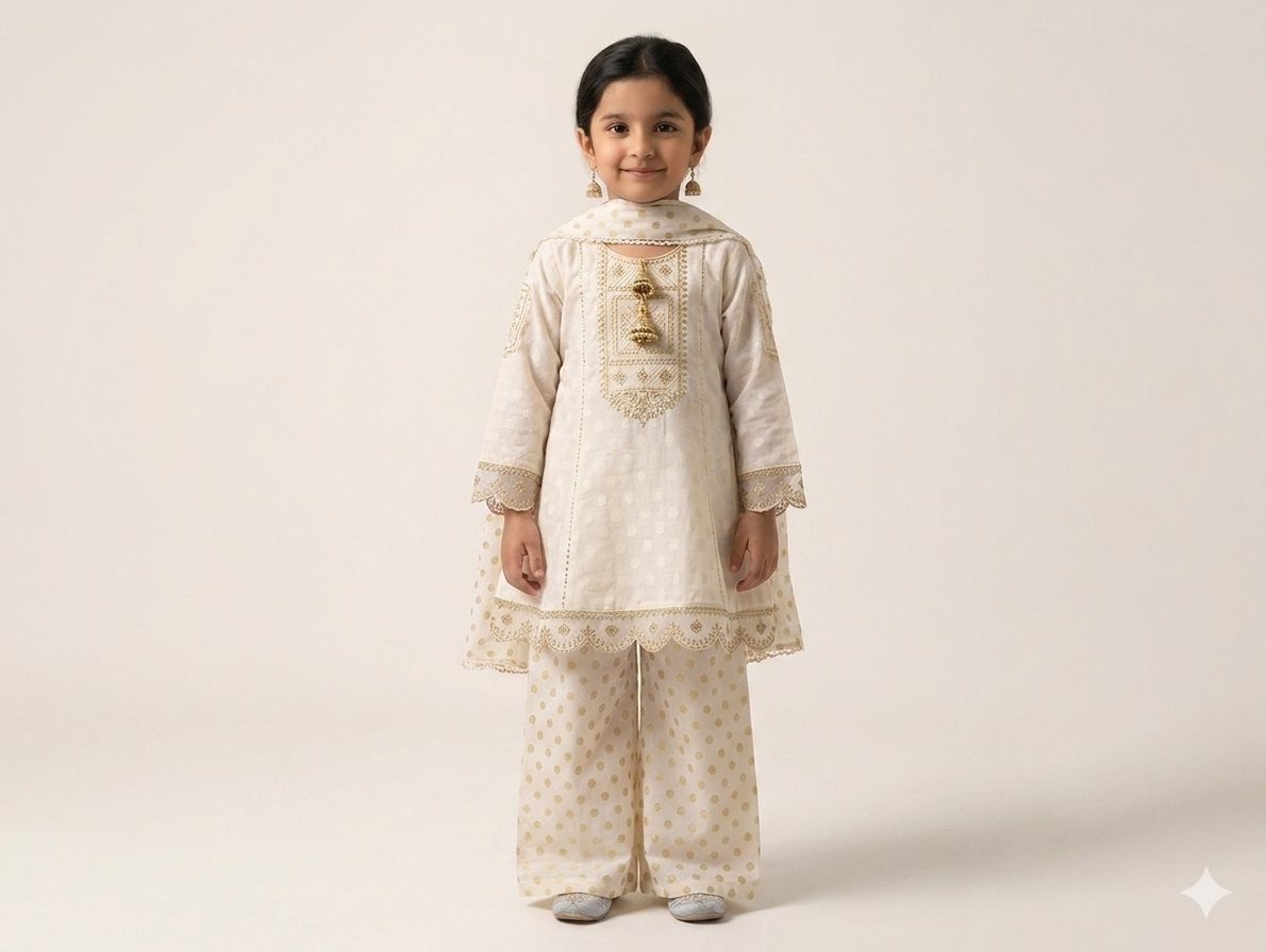 Elegant Girls Ivory and Gold Embroidered 3-Piece Festive Suit with Tassels and Scalloped Hem