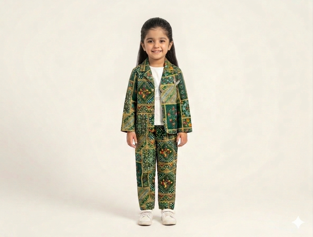 Elegant Little Girls' Emerald Green Intricate Mosaic Print Two-Piece Tailored Blazer and Trouser Set