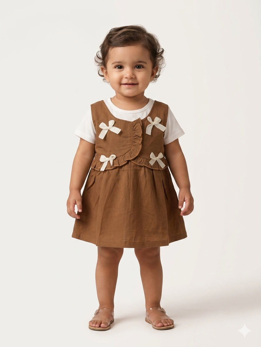 Toddler Girls Charming Sleeveless Ruffle Bow Dress with Layered White Inner Tee Three Color Pack