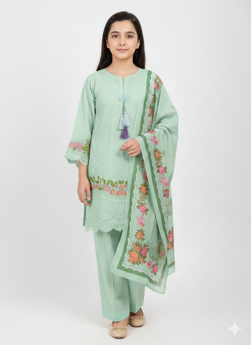 Elegant Pastel Mint Green Embroidered Three-Piece Festive Suit with Floral Dupatta and Lace Detailing