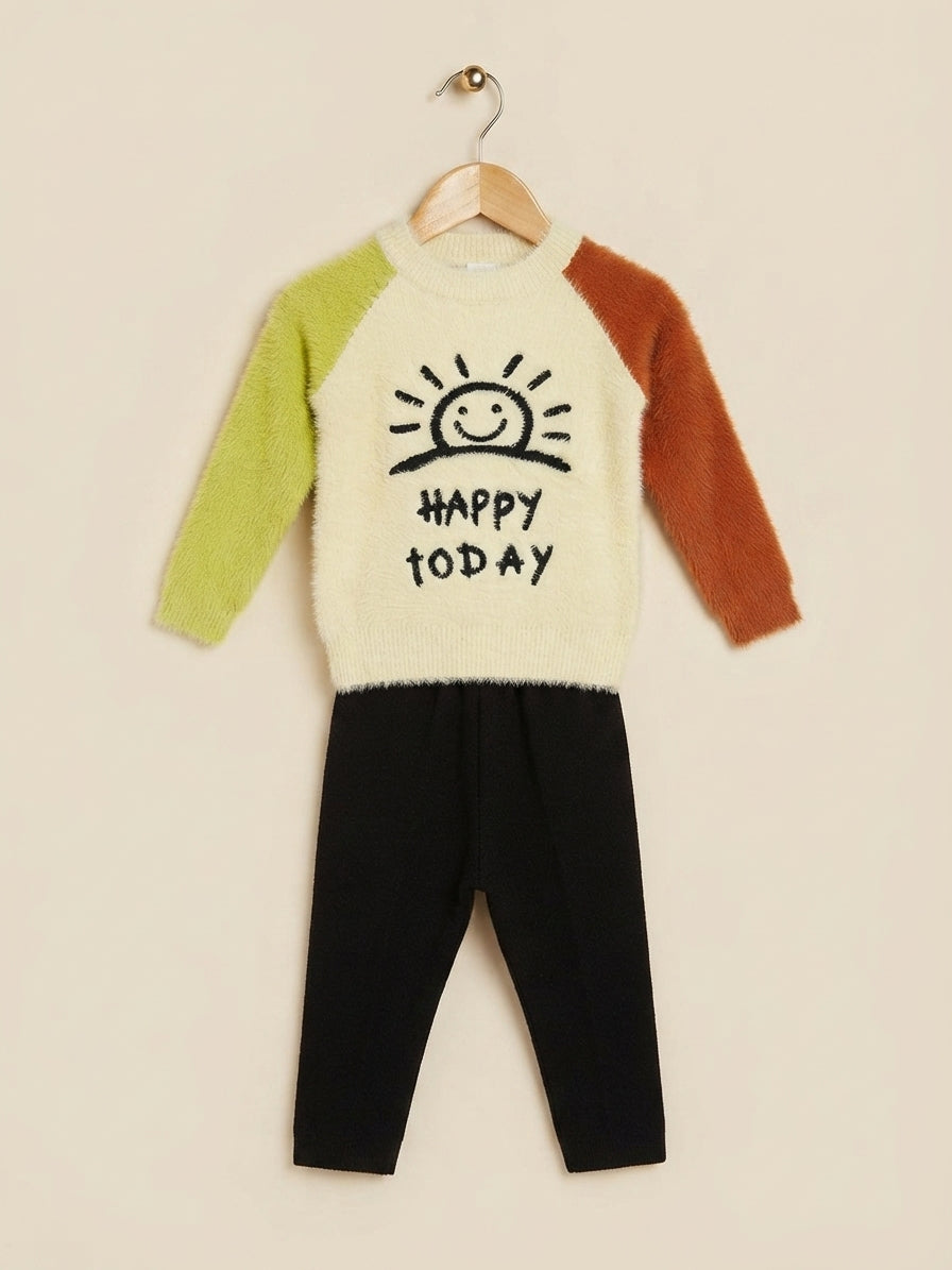 Fluffy Kids Happy Today Sun Graphic Winter Sweater And Trouser Outfit Set