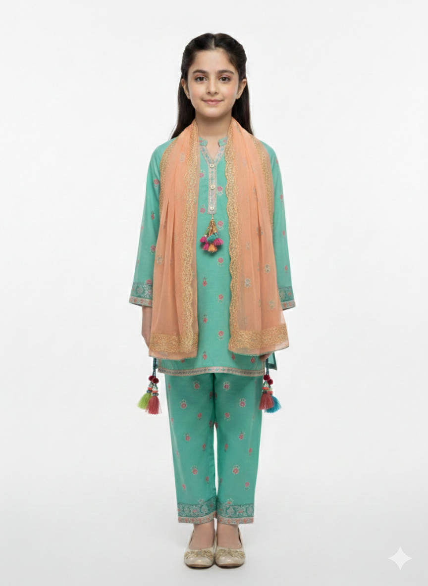 Girls' Festive Floral 3-Piece Collection: Peplum Ghararas and Embroidered Pastel Straight Suits