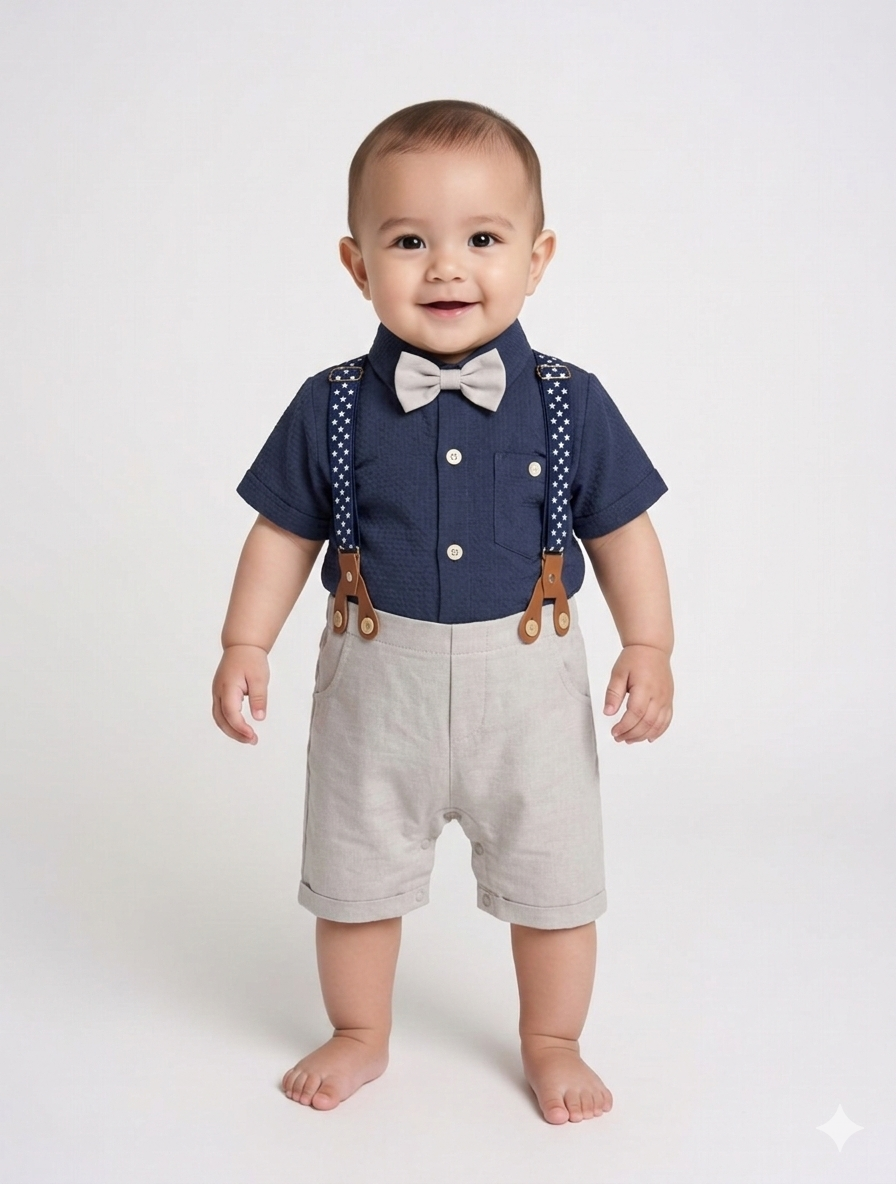 Baby Boy Formal Suspender Romper Set with Bow Tie and Polka Dot Star Accents