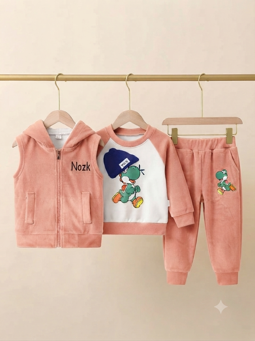 Kids Dinosaur Print 3-Piece Fleece Outfit Set with Hooded Vest for Boys