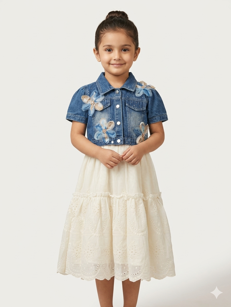 Girls Denim Floral Bolero Jacket and Embroidered Tulle Tiered Dress Two Piece Party Set