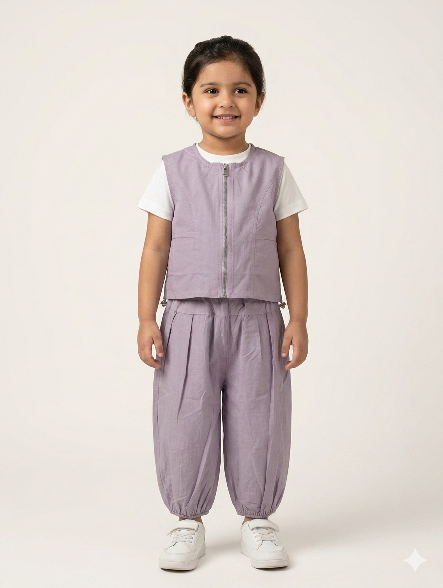 Kids Two-Piece Pastel Cotton Co-Ord Set with Zip-Up Vest and Pleated Joggers