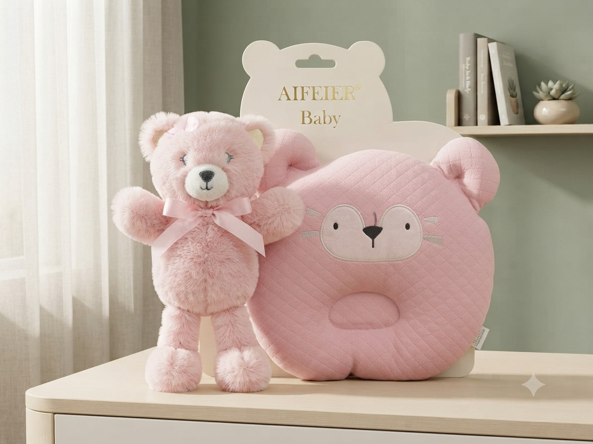 Soft Pink Teddy Bear Plush Toy and Matching Cat Baby Pillow Gift Set