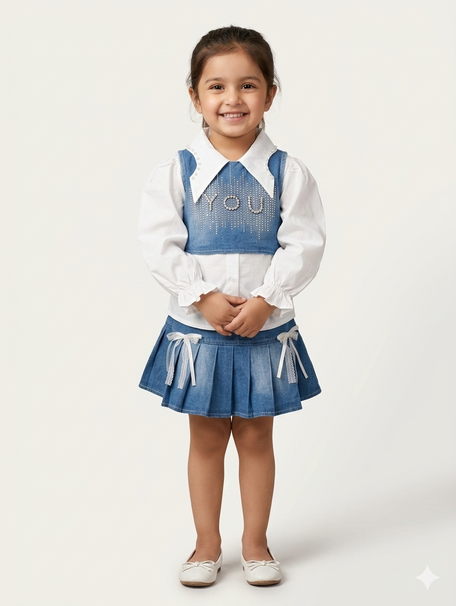 Toddler Girls' Three-Piece Denim Set with Rhinestone Vest, White Blouse, and Pleated Bow Skirt