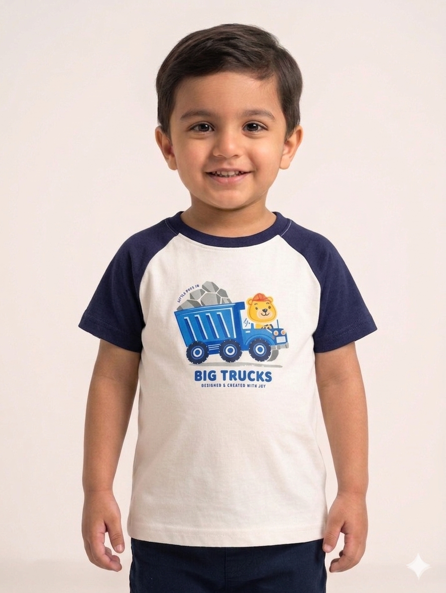 Boy's Big Trucks Graphic Raglan Tee - Fun Construction Theme Short Sleeve Cotton T-Shirt