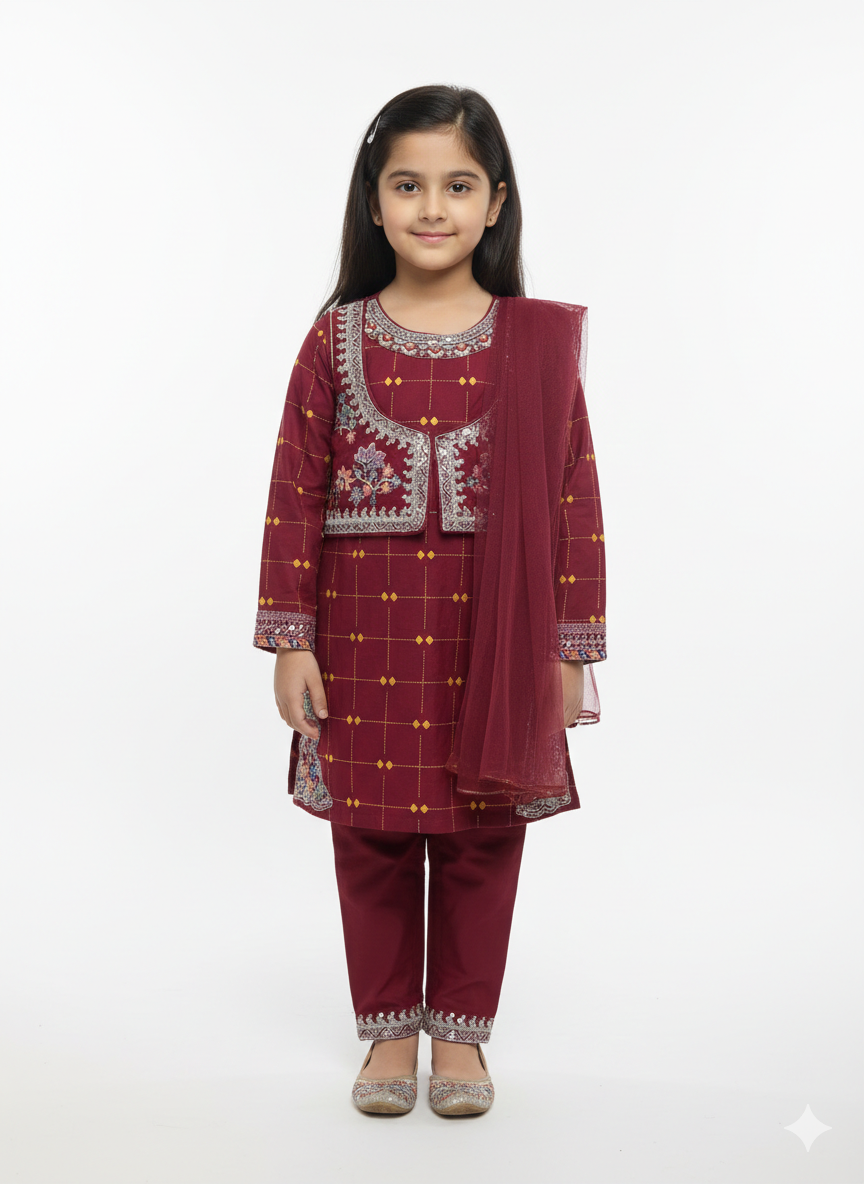 Girls' Embroidered 3-Piece Festive Eastern Suit with Koti Jacket and Net Dupatta