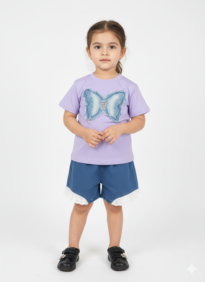 Adorable Girls' Butterfly Appliqué T-Shirt and Lace-Trim Denim Shorts Two-Piece Summer Outfit Set