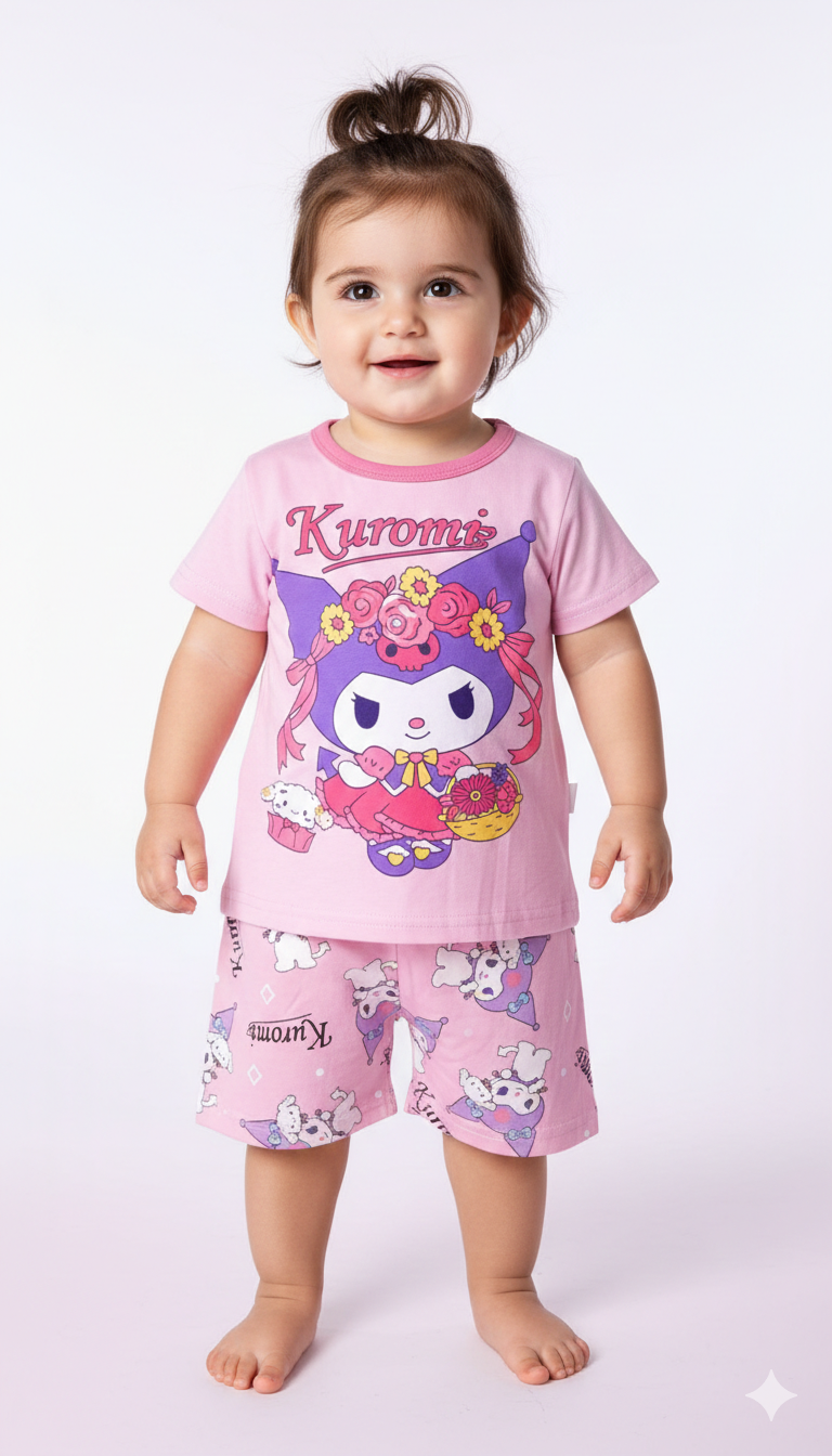 Toddler Girls Kuromi Pajama Set Pink Cotton Short Sleeve T-Shirt and Matching Patterned Shorts