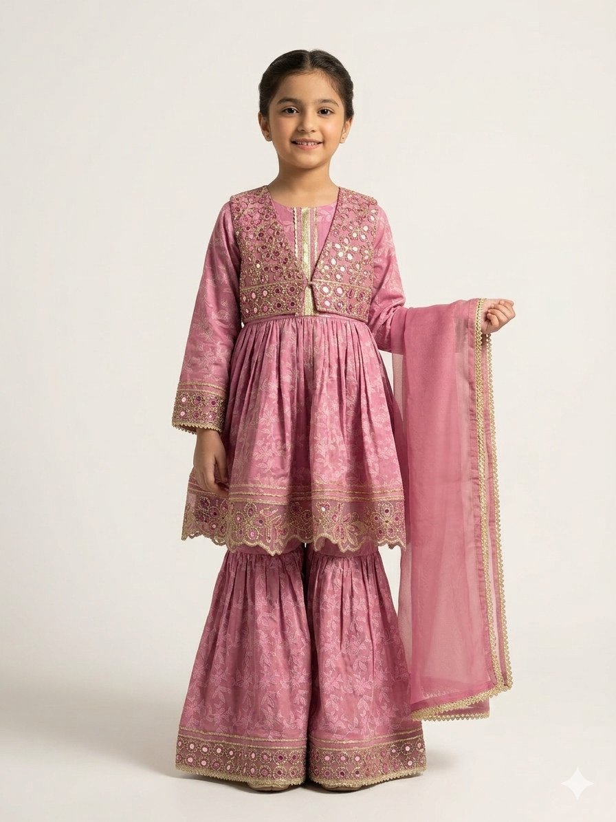 Elegant Girls Embroidered Gharara Set with Mirror Work Waistcoat and Matching Net Dupatta Suit