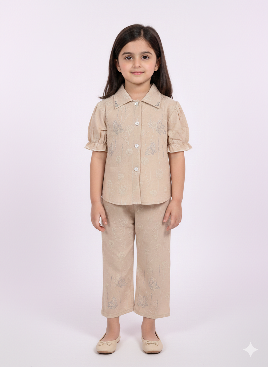 Elegant Girls’ Two-Piece Beige Floral Embroidery Button-Down Shirt and Matching Straight-Leg Trouser Set