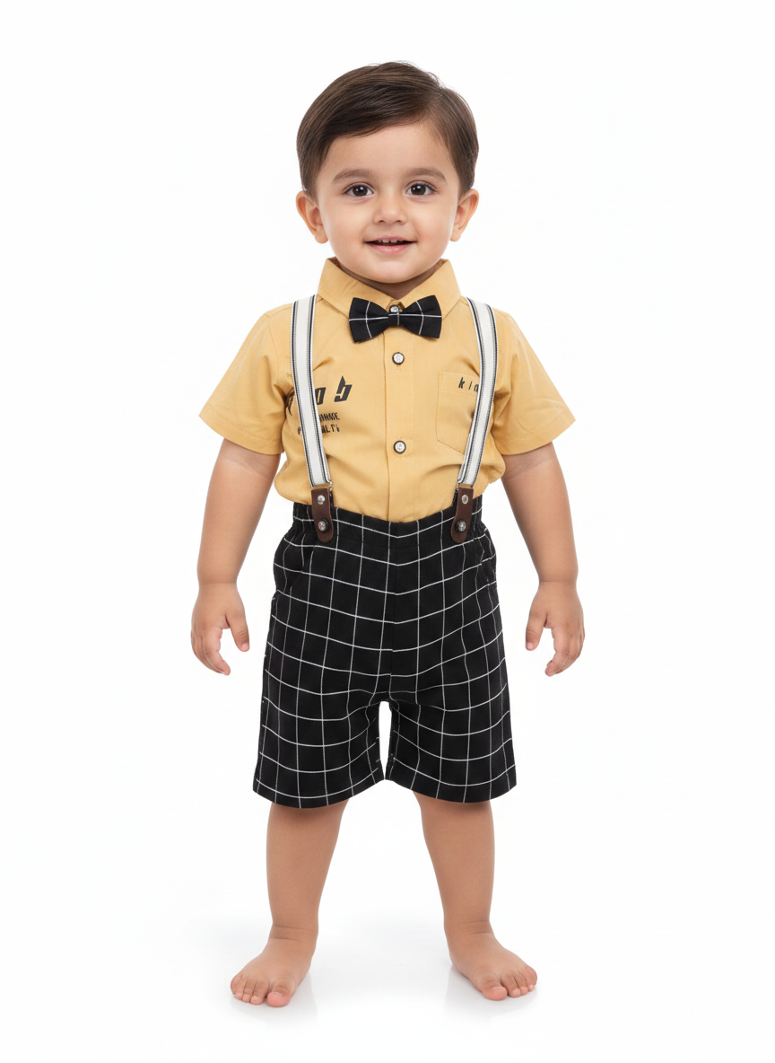 Toddler Boys dapper Gentleman Set With Short Sleeve Button Down Suspender Shorts and Bowtie