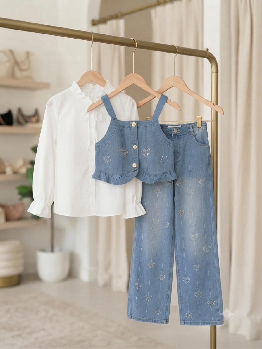 Trendy Kids Denim Vest And Pants Set With Elegant White Shirt For Smart Casual Look