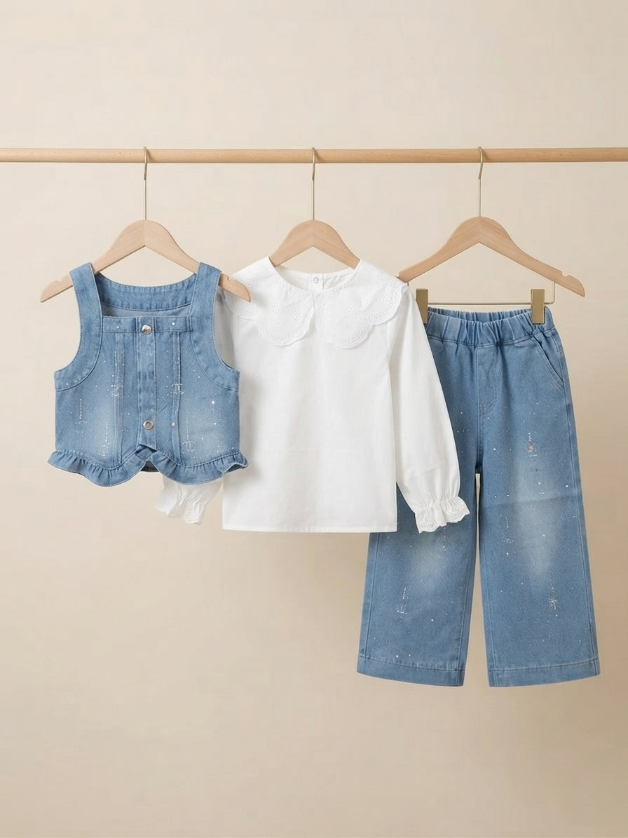 Chic Kids Three Piece Outfit Set Featuring Denim Vest White Blouse And Pants