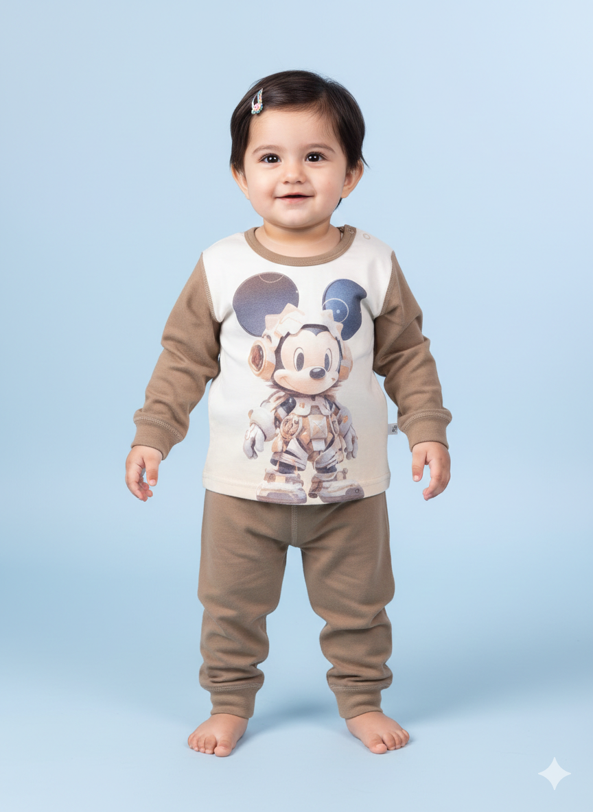 Premium Cyber Mickey Mouse Long Sleeve Baby Pajama Set With Comfortable Brown Matching Jogger Pants