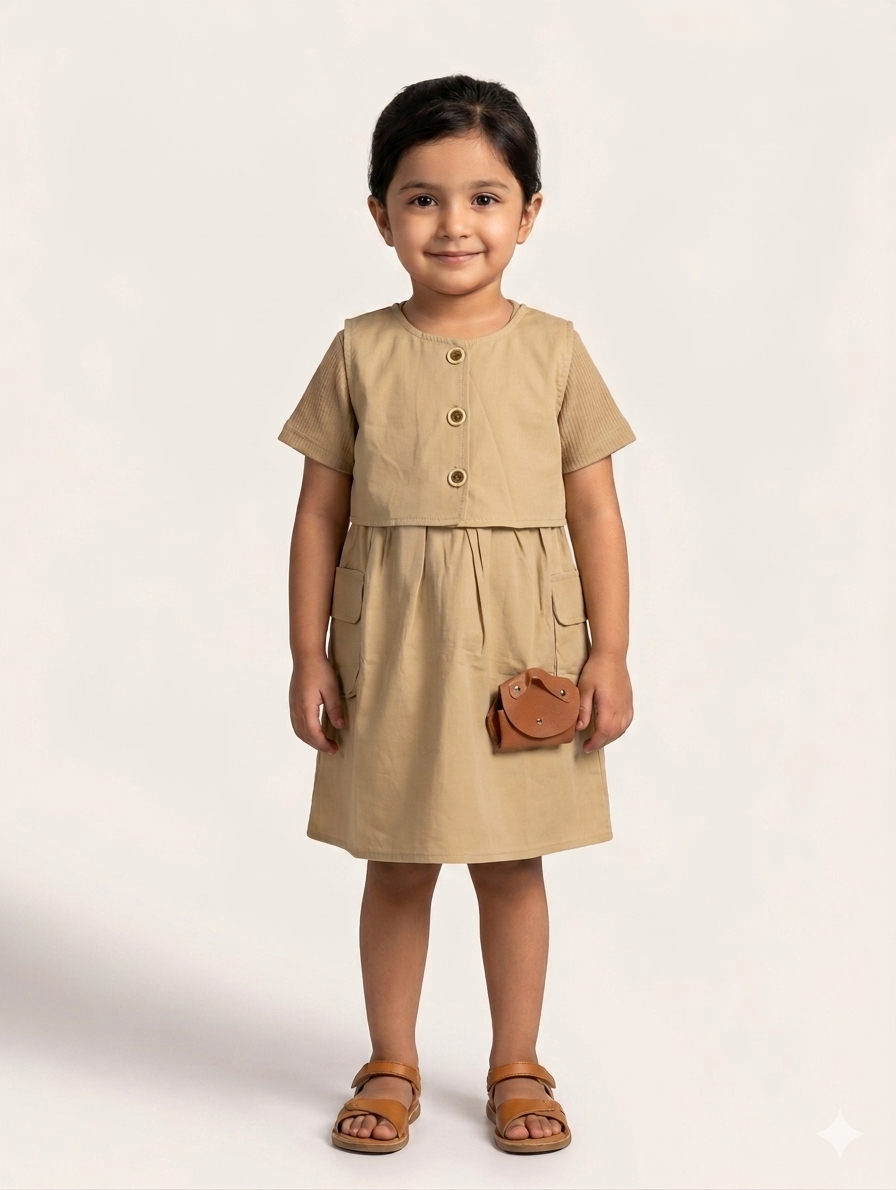Toddler Girls Elegant Two-Piece Style Button-Down Cotton Dress with Functional Pockets