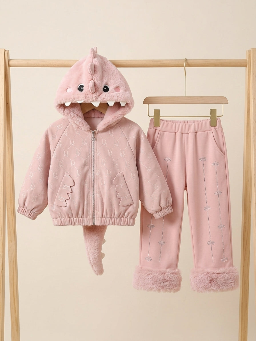 Cute Unisex Kids Dinosaur Plush Hooded Jacket and Matching Trousers Winter Suit Set