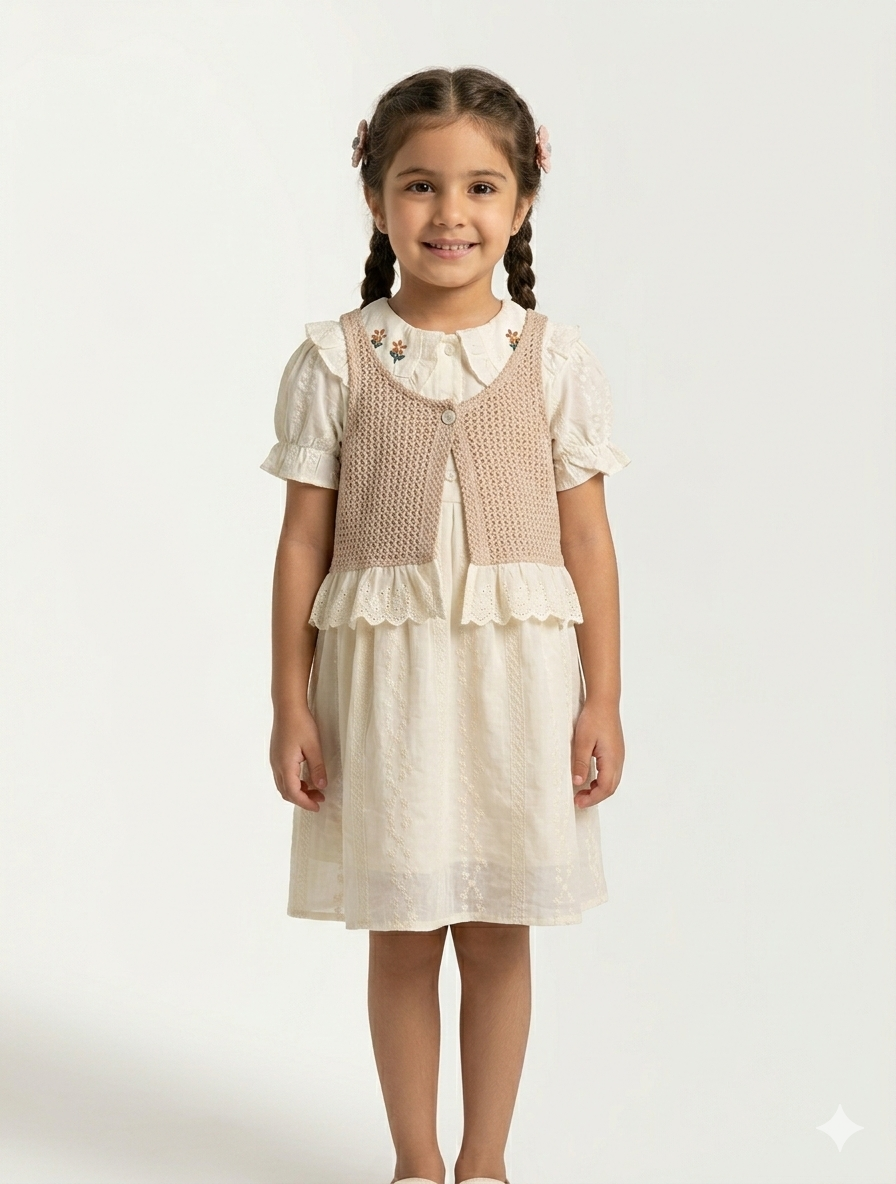 Little Girls Floral Embroidered Puff Sleeve Dress with Ruffled Pointelle Knit Waistcoat Vest Set