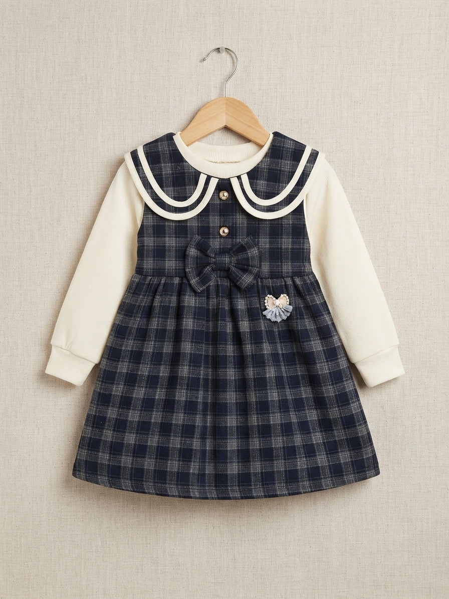 Girls Kids Checkered Peter Pan Collar Bow Pinafore Dress With Full Sleeve Top