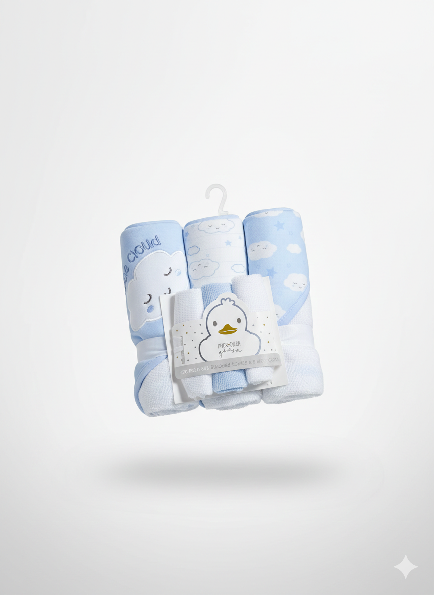 Duck Duck Goose Baby Boy 6-Piece Bath Set | 3 Hooded Towels 3 Washcloths | Blue Cloud