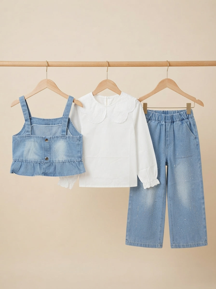 Chic Girls Denim Three Piece Outfit Set With White Blouse And Matching Jeans