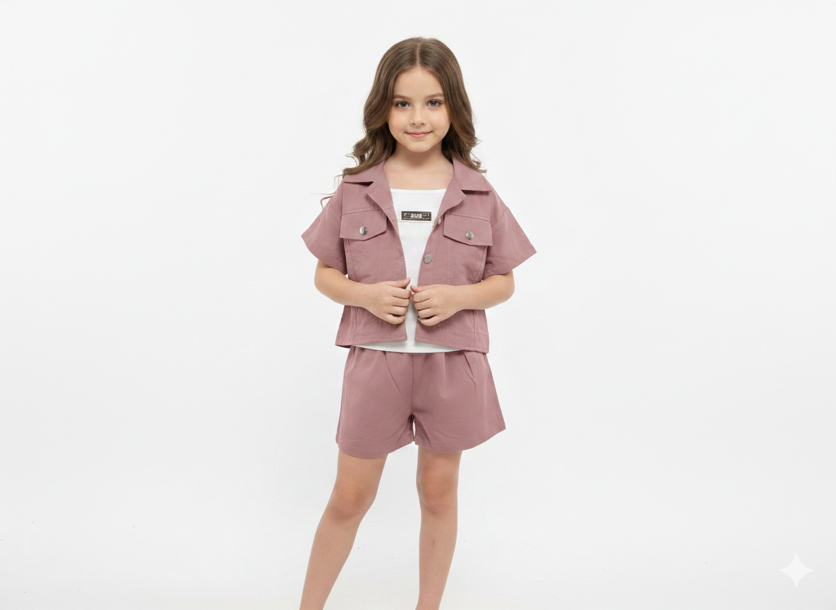 Trendy Girls' 3-Piece Safari Utility Set with Cropped Button-Up Jacket and Matching Shorts