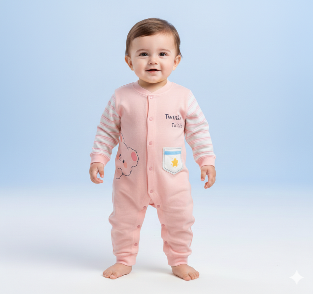Baby Boys Soft Cotton One Piece Twinkle Bear Romper Striped Sleeves Comfortable Sleep Suit