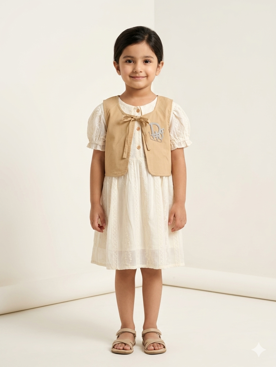 Girls Elegant Lace Puff Sleeve Dress with Decorative Waistcoat and Front Bow Detail Set