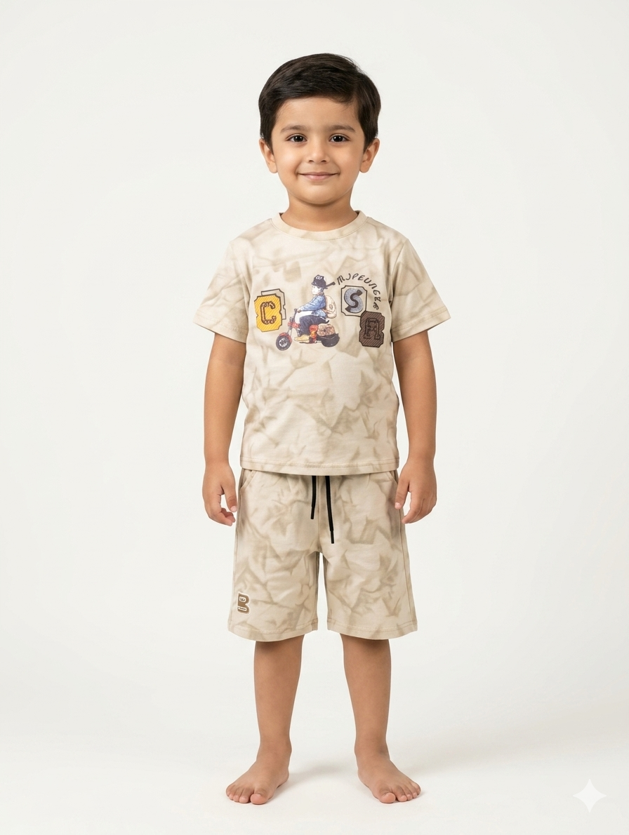 Boys Summer Graphic Tee and Shorts Set Featuring Varsity Patches and Comfortable Tie-Dye Print