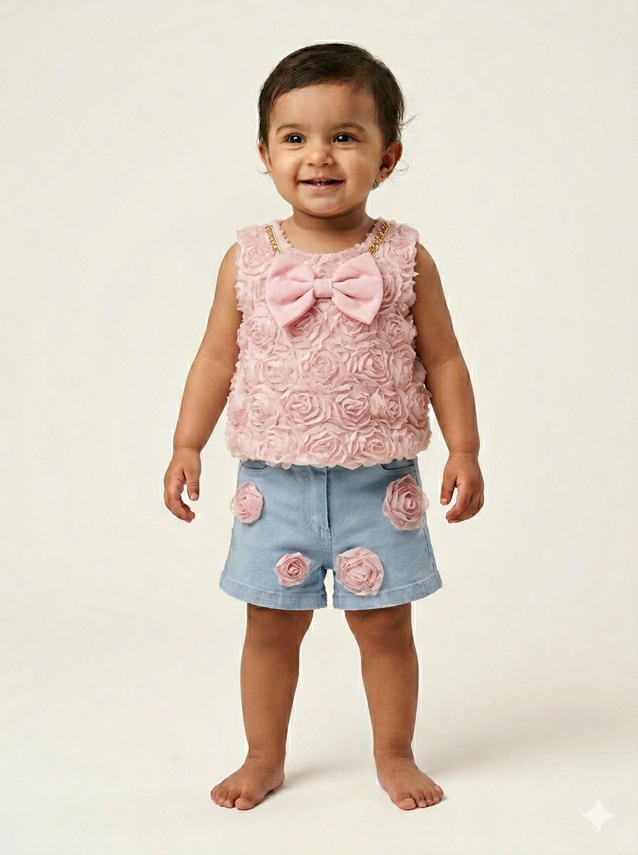 Toddler Girl Floral Rosette Sleeveless Top and Appliqué Denim Shorts Two Piece Summer Outfit Set