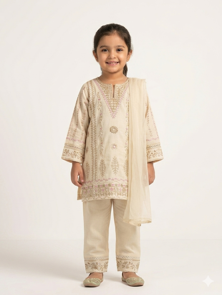 Elegant Kids' Three-Piece Embroidered Festive Shalwar Kameez Set with Matching Net Dupatta