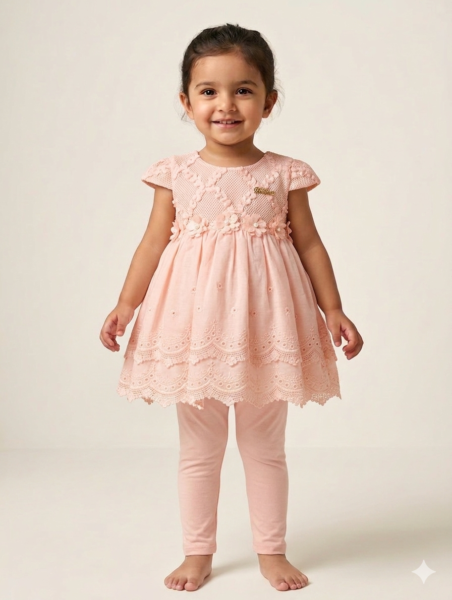 Elegant Girls Lace Embroidered Tunic and Leggings Set with Floral Appliqué and Scalloped Hem
