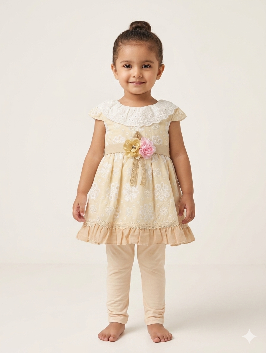 Adorable Girls Chikankari Embroidered Cotton Tunic and Leggings Set in White and Summer Yellow