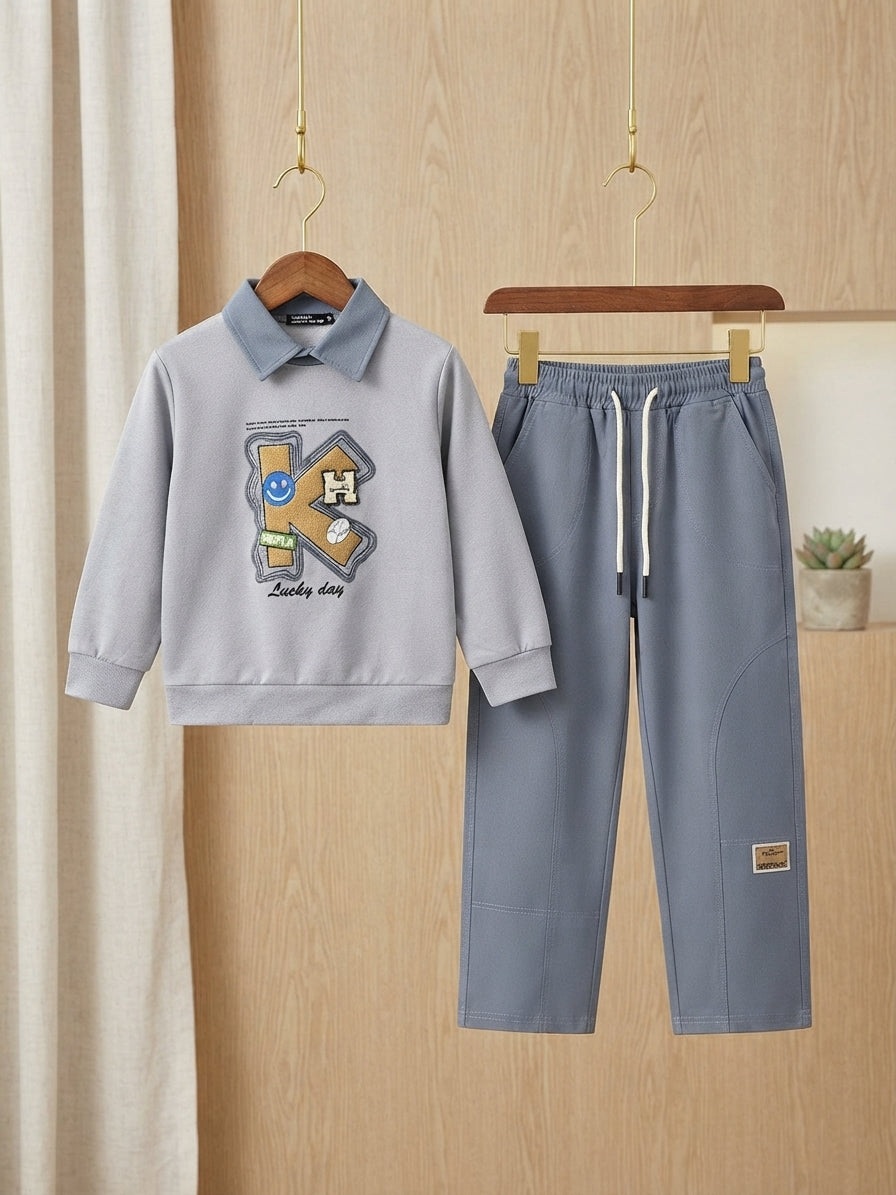 Stylish Kids Letter K Embroidered Collared Sweatshirt And Trouser Tracksuit Set