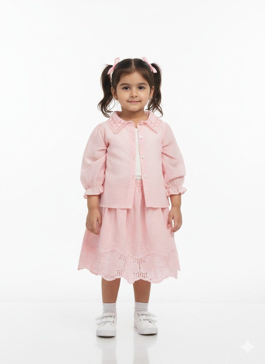 Girls' Elegant Eyelet Lace Skirt & Shirt Set with Scalloped Embroidery and Puff Sleeves