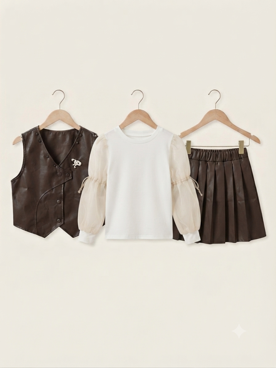Stylish Faux Leather Vest Sheer Puff Sleeve Top And Pleated Skirt Outfit Set