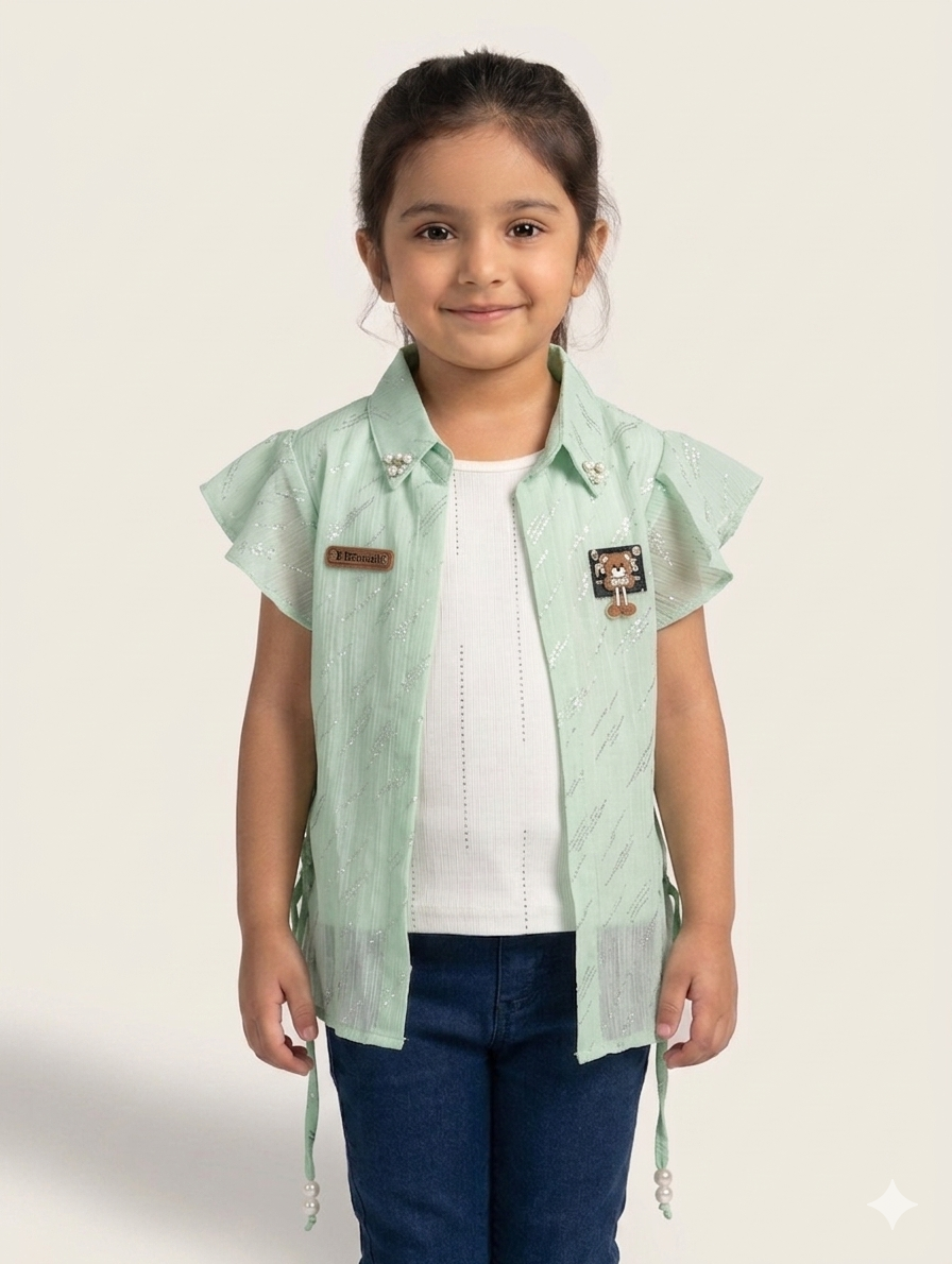 Elegant Girls' Shimmery Flutter-Sleeve Open Front Jacket with Pearl Accents and Ribbed Inner Top