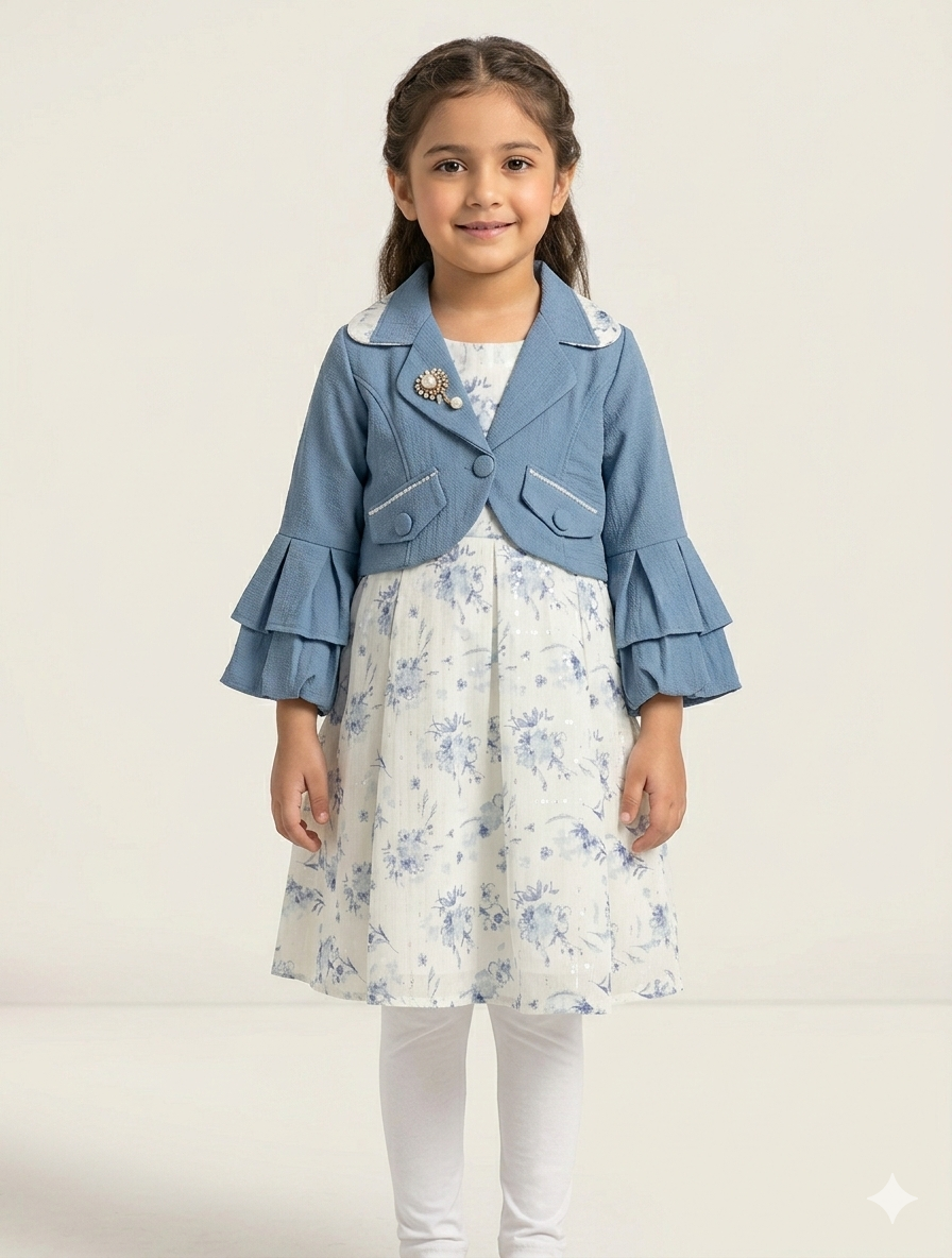 Elegant Little Girls Floral Dress with Tiered Bell Sleeve Cropped Jacket and Matching Leggings