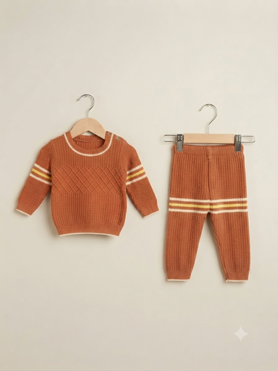 Baby Knitted Sweater And Trouser Set With Striped Pattern For Toddlers