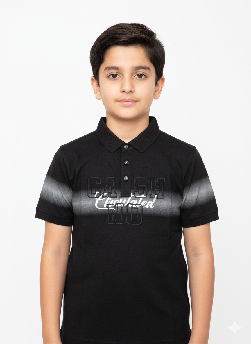 Bold Urban Style Featuring A Young Boy In A Multicolored Maroon And Grey Graphic Polo