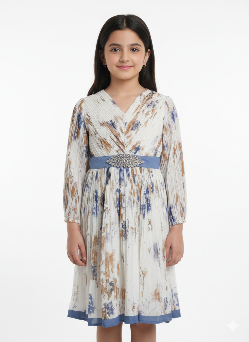 Girls' Elegant Pleated Chiffon Floral Midi Dress with Crystal Embellished Waistband