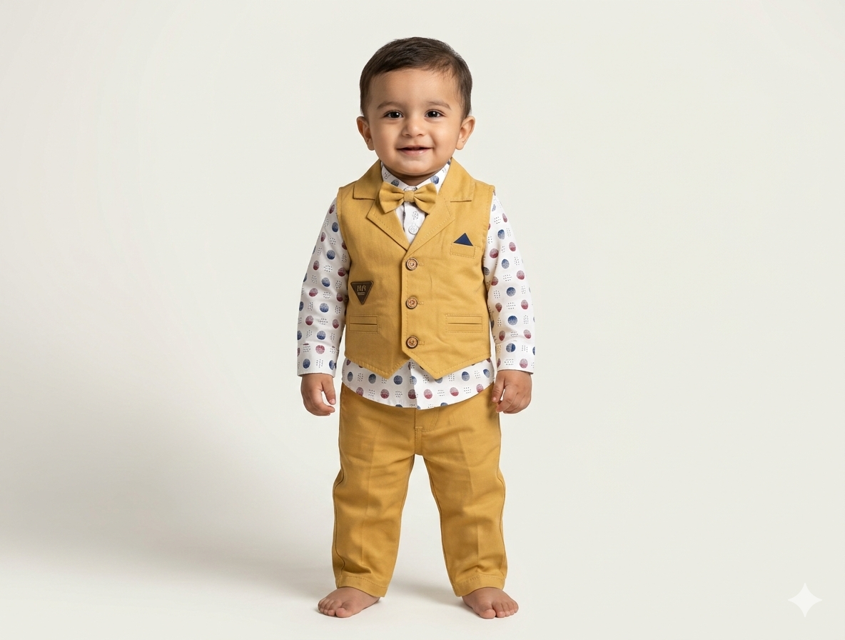 Little Boys Dapper Three-Piece Suit Set with Printed Shirt and Matching Bow Tie
