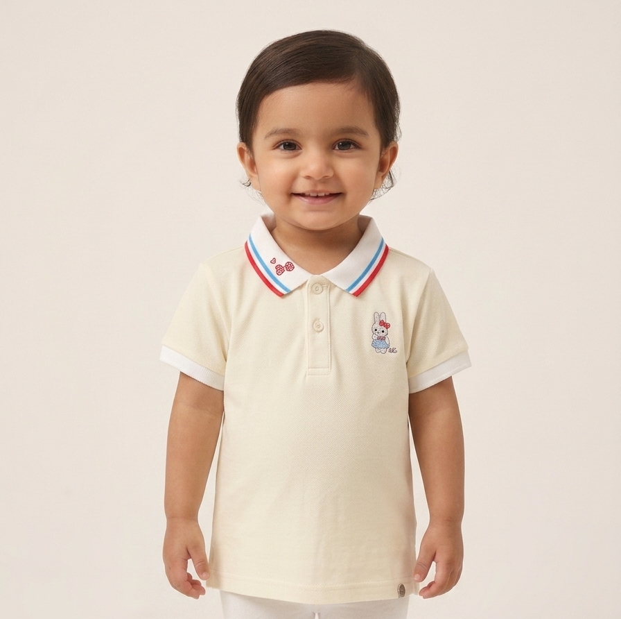 Girls' Sweet Bunny Embroidered Cotton Polo Shirt with Contrast Collar and Ribbed Cuffs Set