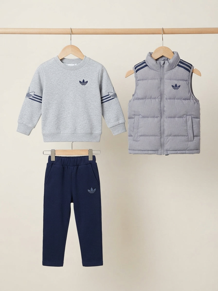 Kids Brand Logo Printed Crewneck Sweatshirt Puffer Vest And Trouser 3 Piece Outfit Set